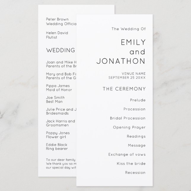 Typographie simple Noir Blanc Mariage Programme (Devant / Derrière)