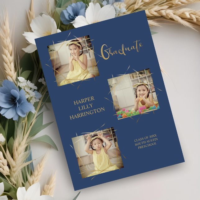 Typographie Trois Photos Annonce de remise de dipl (Calligraphy Three Photos Collage Pre-K Graduate Announcement Card in Blue. )