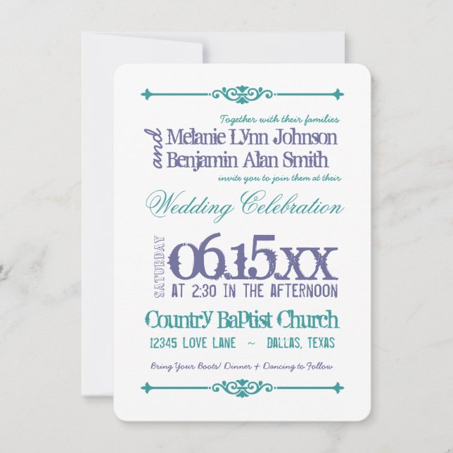 Typographie violette Turquoise Invitations de mari (Devant)
