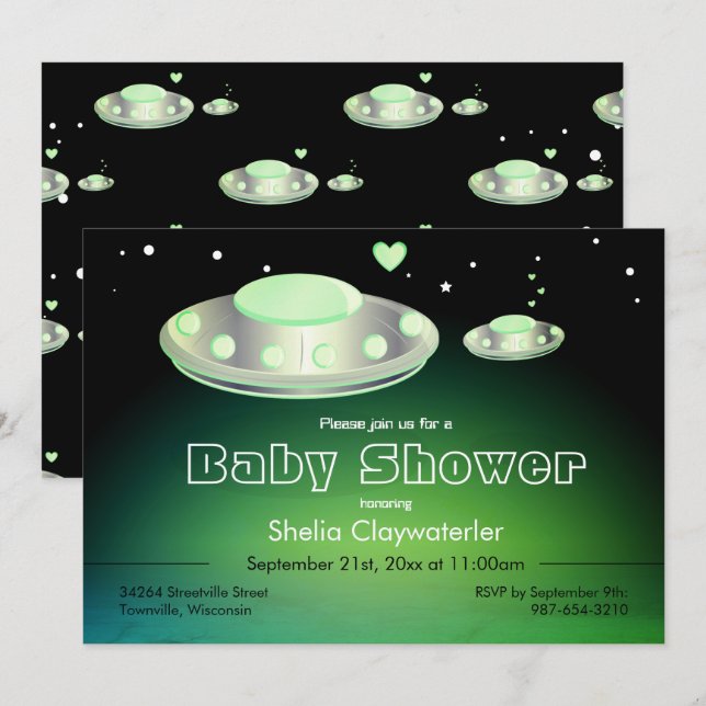 UFO et carte de baby shower du vert | d'UFO de (Devant / Derrière)