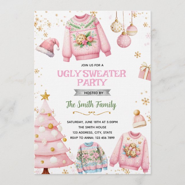 Ugly sweater pink theme invitation (Devant)
