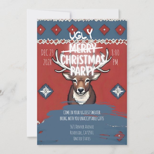 Ugly Sweater Reindeer Christmas Party Invitation (Devant)