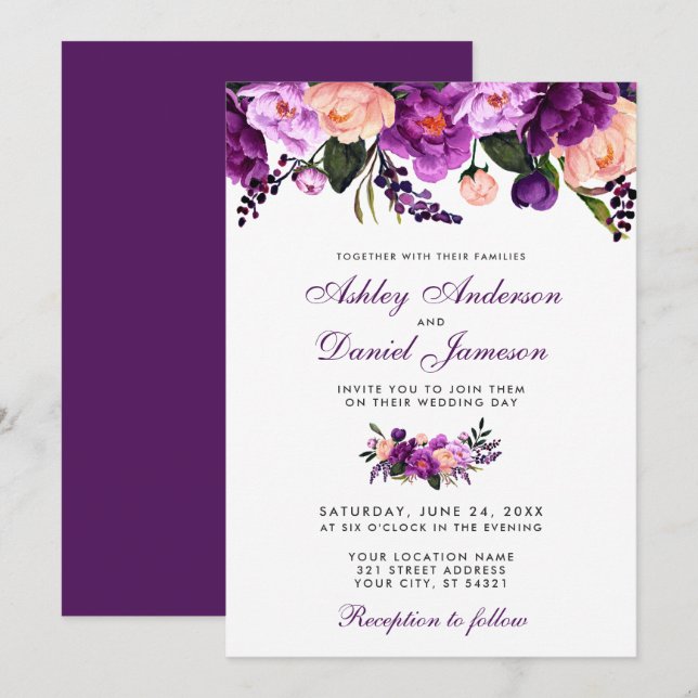 Ultra violet violet Faire-part de mariage floraux  (Devant / Derrière)