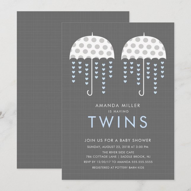 Umbrella TWINS Boys Baby shower Invitation (Devant / Derrière)