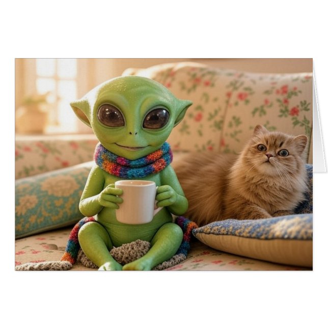 Un adorable café d'alien et de chat sur le canapé (Devant horizontal)