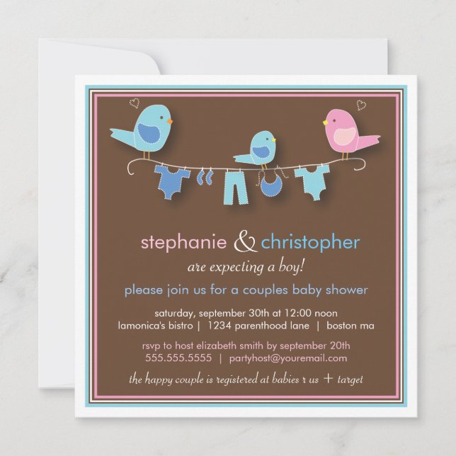 Un Baby shower à deux oiseaux doux Invitation (Devant)