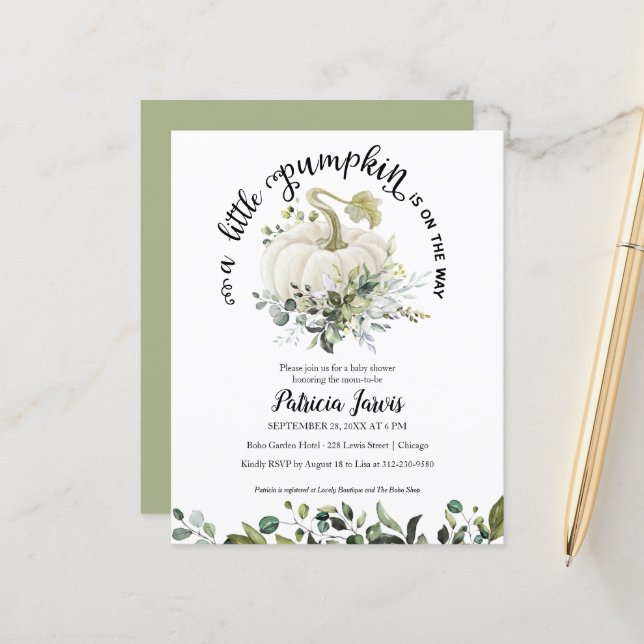 Un Baby shower Budget Un Peu Citrouille Invitation (Devant/Arrière en situation)