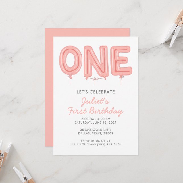 Un ballon, première invitation pour fille d'annive (Devant/Arrière en situation)