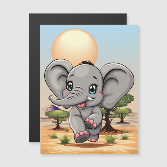 Un bébé éléphant qui sonne heureux dans la savane  (Devant / Derrière)