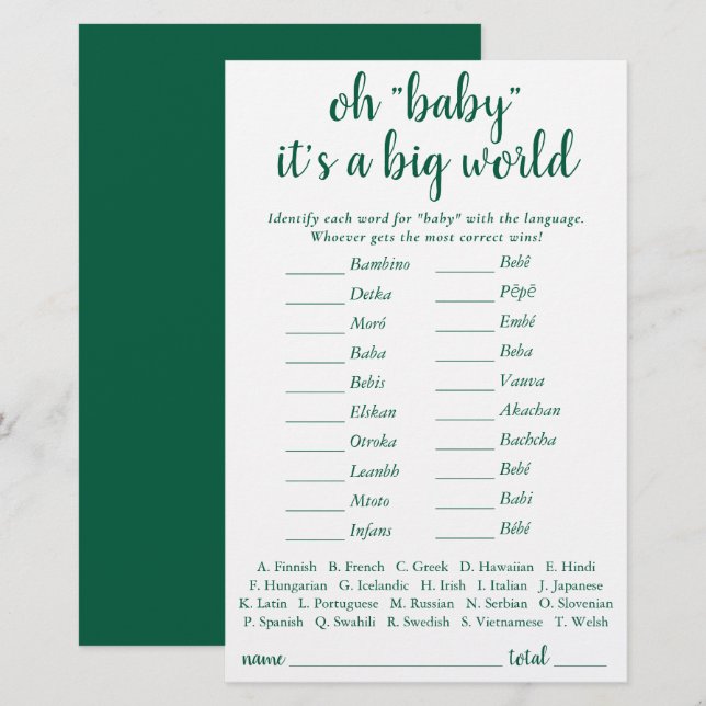 Un bébé simple dans le monde | Carte Quiz Vert (Devant / Derrière)