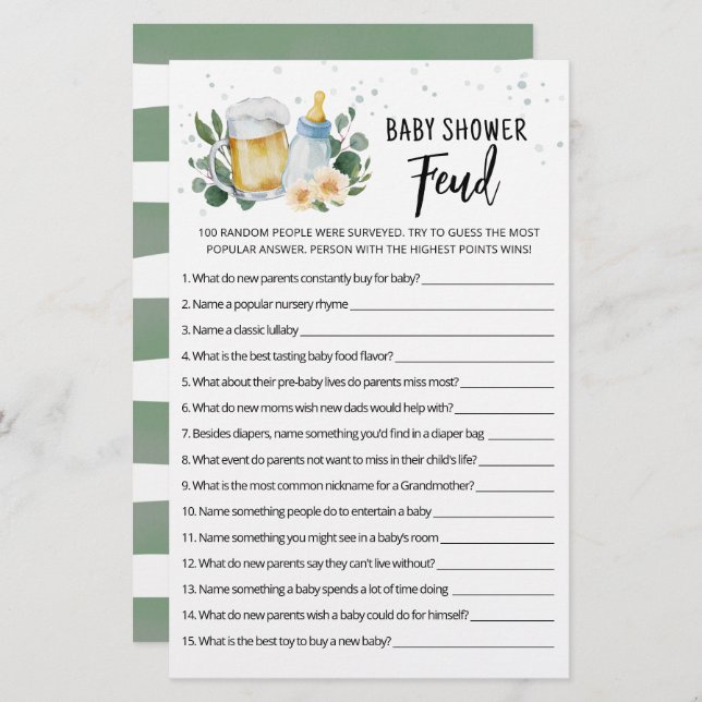 Un bébé verdoyant brasse un Baby shower féodé jeu (Devant / Derrière)