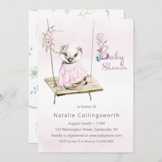 Un blaireau féminin sur invitation au Baby shower  (Devant / Derrière)