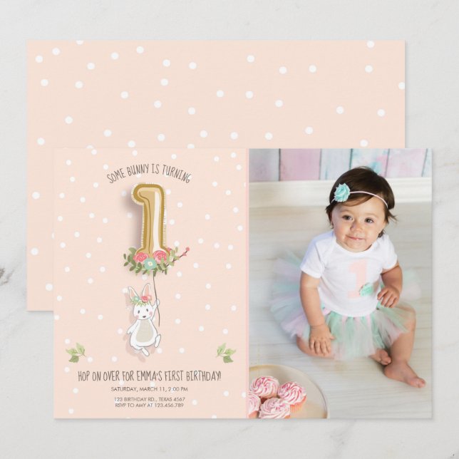 Un Bunny Invitation Anniversaire Fille Premier Ros (Devant / Derrière)