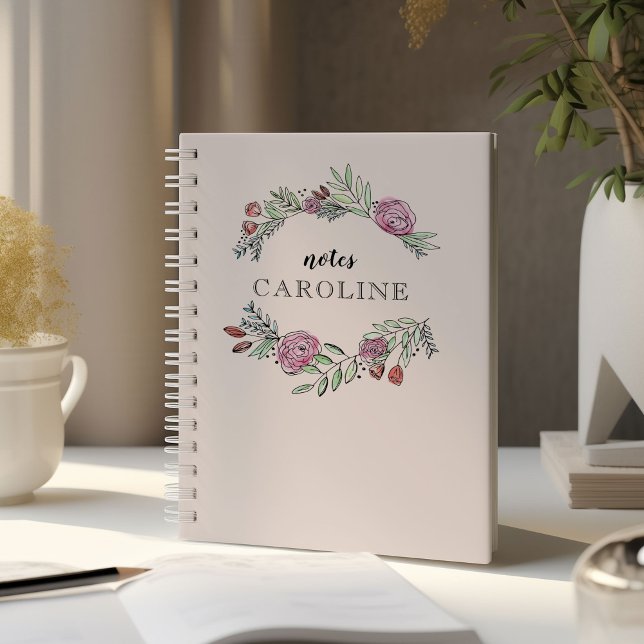 Un Bushel et un Peck Carnet personnalisé en rose (Pink watercolor floral laurels personalized notebook.)