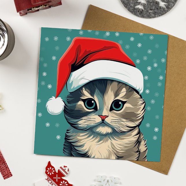 Un chat de Noël écossais dans un chapeau de Père N (Note, the envelopes included with this card are white.)