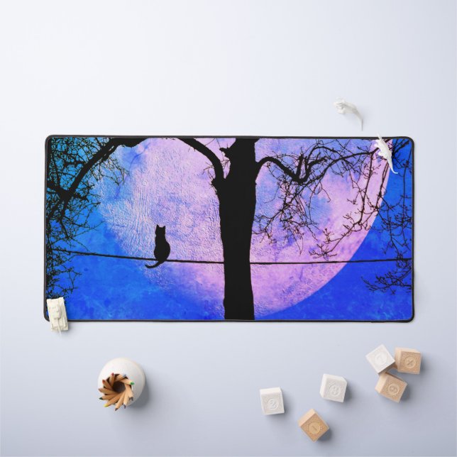 Un chat noir sur une Pleine lune de fil (Tableau pour enfants)