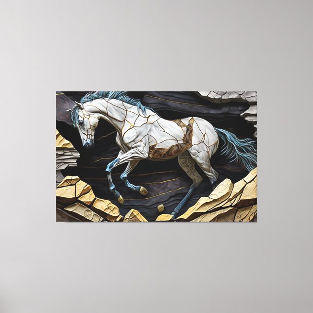Un cheval galopant sur la toile des rochers Imprim (Recto)