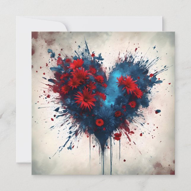 Un coeur bleu éclatant avec des fleurs rouges (Devant)