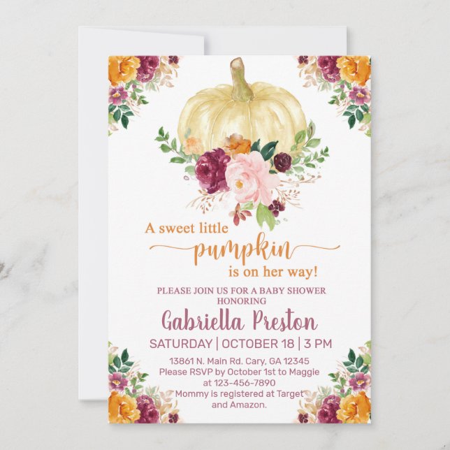 Un doux petit invitation baby shower citrouille, b (Devant)