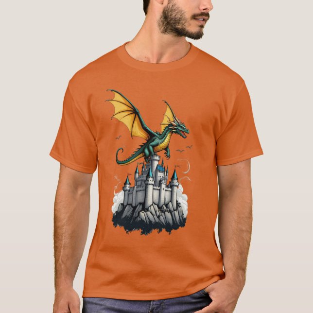un dragon survolant un château T-shirt (Devant)