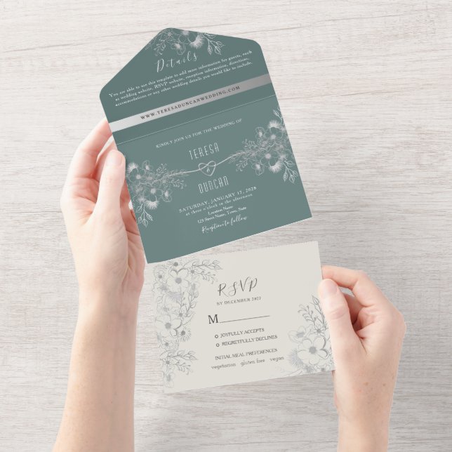 Un Élégant Mariage Vert Sage Tout en une invitation (Déchirure)