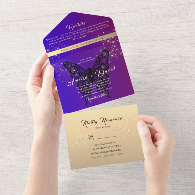 Un Élégant Mariage Violet Tout en une invitation (Déchirure)
