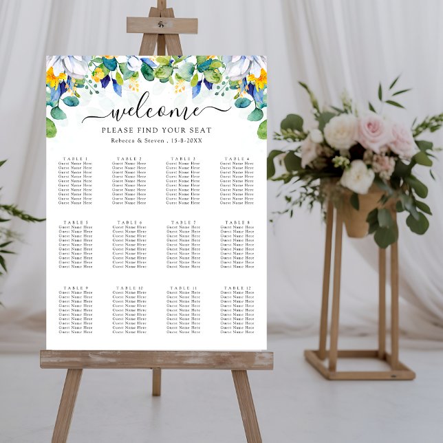 Un élégant tableau de sièges à mariage bleu fleuri (Créateur téléchargé)