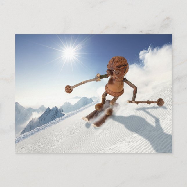 Un elfe d'Acorn ski sur la neige carte postale hiv (Devant)
