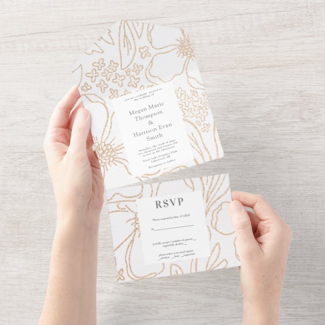 Un Fleurs Dorées Mariage Moderne Invitation Tout En U (Déchirure)