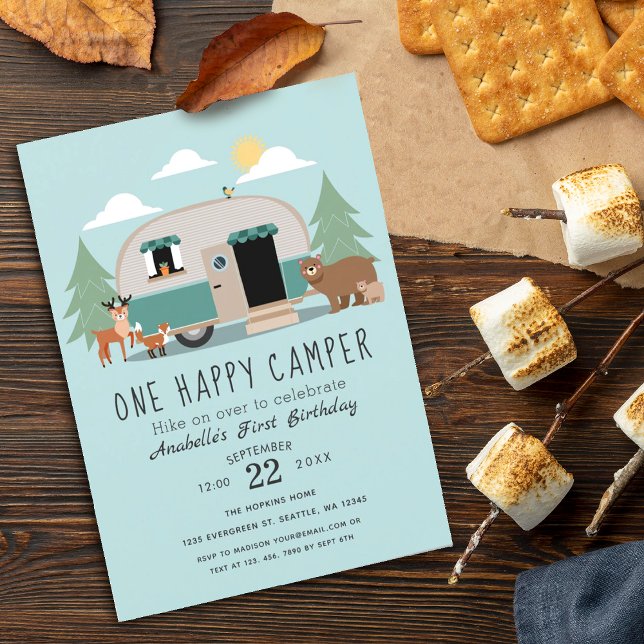 Un Happy Camper 1er Anniversaire Fête Invitation (Créateur téléchargé)