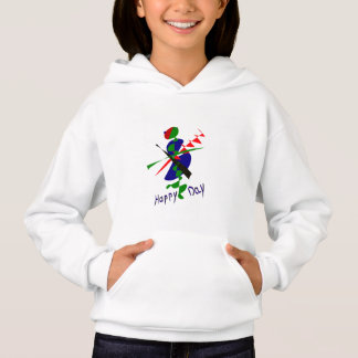 Un hoodie blanc avec un personnage dansant.