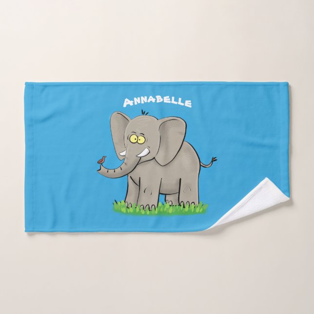 Un joli éléphant drôle avec un oiseau sur le tronc (Serviette à main)