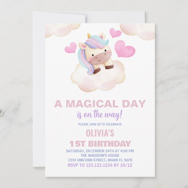 Un Jour Magique Unicorne Invitations Anniversaire (Devant)