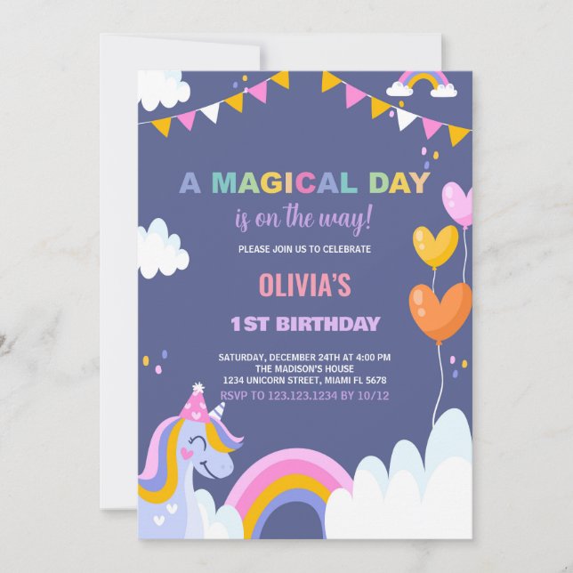 Un Jour Magique Unicorne Invitations Anniversaire (Devant)