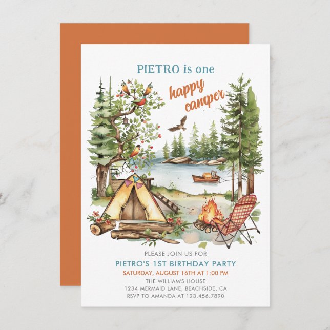 Un Joyeux Camper Boys 1er Invitation anniversaire (Devant / Derrière)