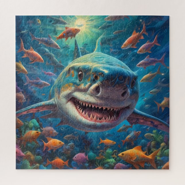 Un joyeux grand requin blanc nageant - Puzzle de J (Vertical)