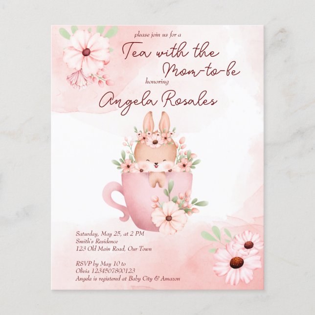 Un lapin de baby shower de thé dans un invitation  (Devant)