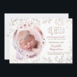 Un lapin est arrivé Faire-part de naissance photo<br><div class="desc">"Oh,  Bonjour un lapin est arrivé juste à temps pour Pâques" Photo Baby Faire-part de naissance Cartes avec la mauve et douce couleur rose aquarelle plumes florales courre et le joli petit tableau bébé lapin.</div>