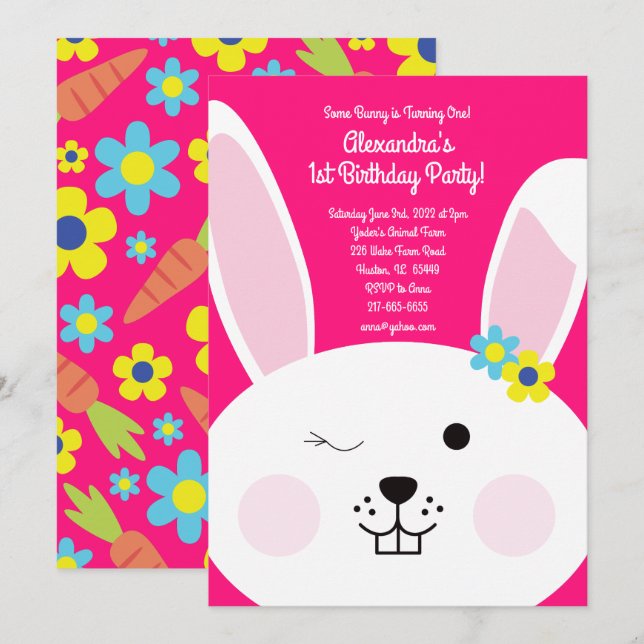 Un lapin est un 1er anniversaire Invitations de la (Devant / Derrière)