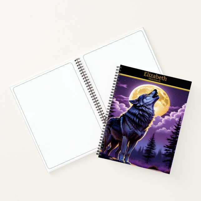 Un loup hurle à la pleine lune sur un carnet de cr (Intérieur)