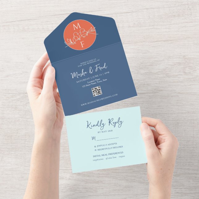 Un Mariage bleu corail tout en une invitation (Déchirure)