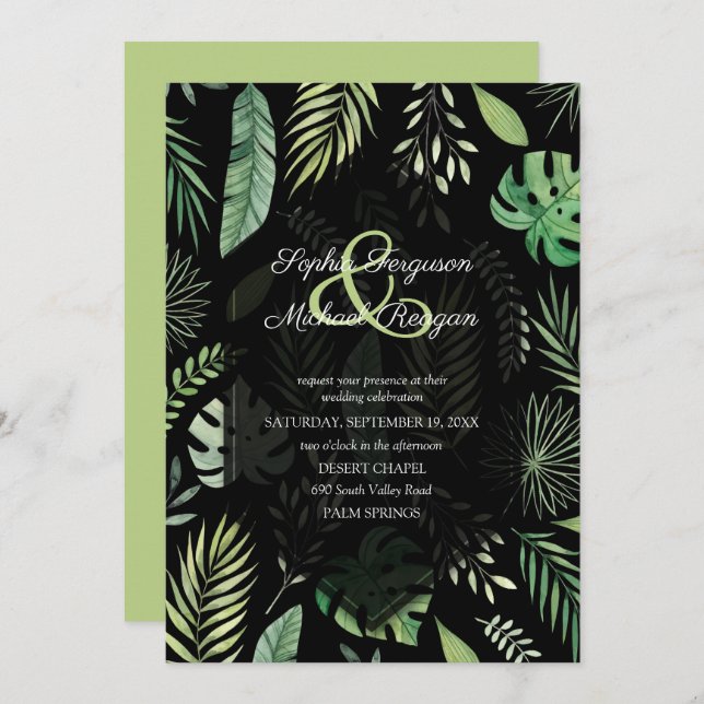 Un mariage botanique noir tropical vert invite (Devant / Derrière)