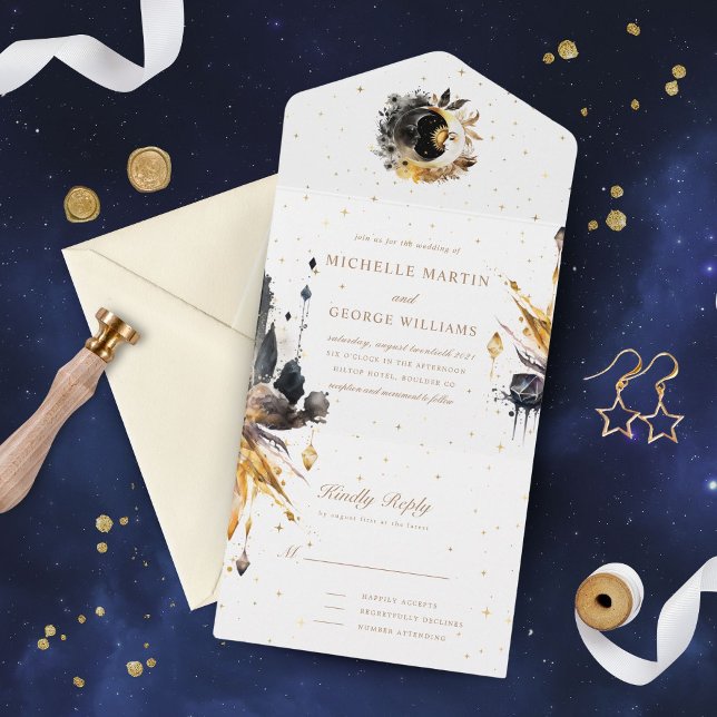Un Mariage d'or noir céleste tout en une invitation (Créateur téléchargé)
