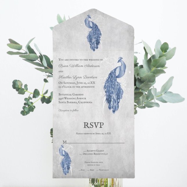 Un Mariage Peacock Bleu tout en une invitation (Blue Peacock All in One Wedding Invite)