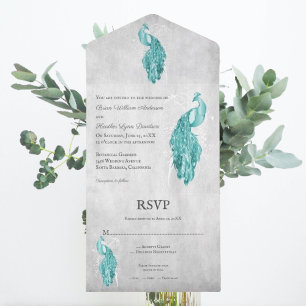 Un Mariage Peacock turquoise tout en une invitation