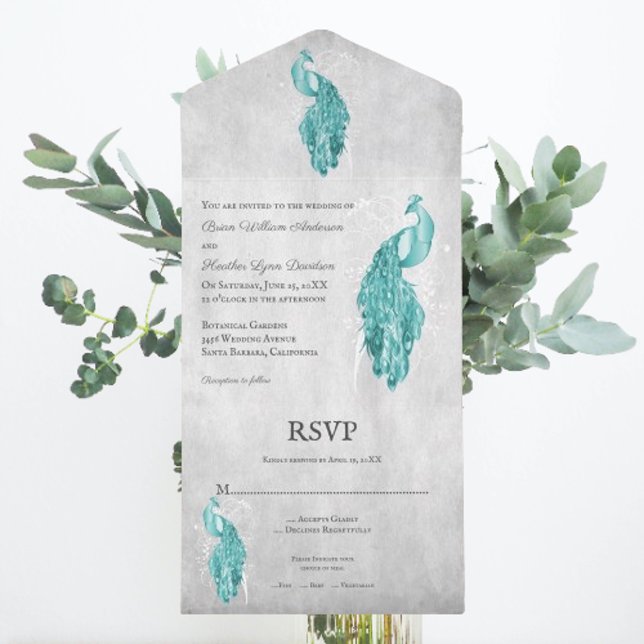 Un Mariage Peacock turquoise tout en une invitation (Teal Peacock All in One Wedding Invite)