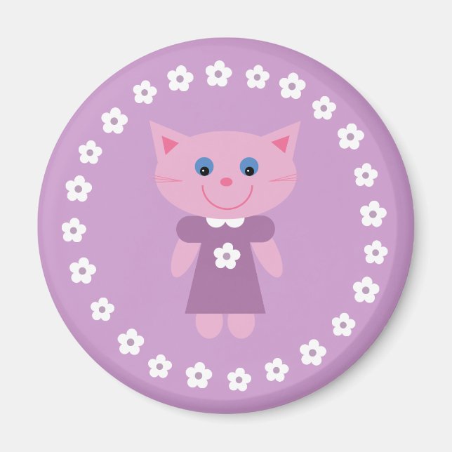 Un mignon chat caricaturé sur un joli aimant lilas (Devant)