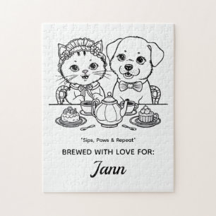 Un mignon chat et chien Tea Party Jigsaw Puzzle
