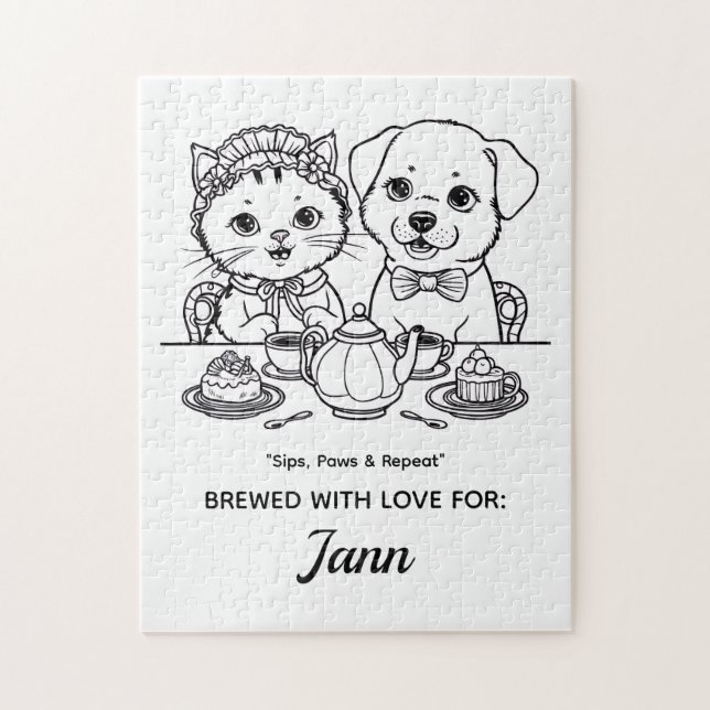 Un mignon chat et chien Tea Party Jigsaw Puzzle (Vertical)
