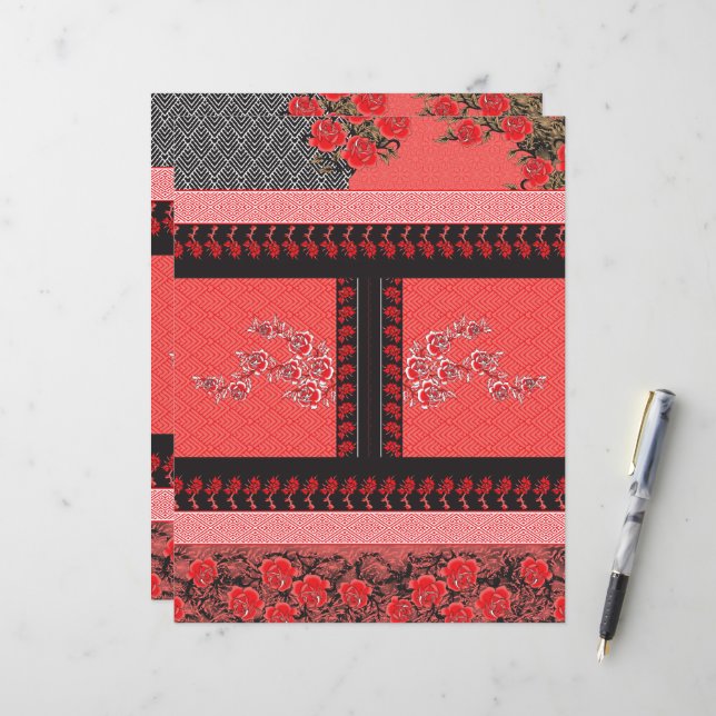 un motif rouge et noir avec des fleurs (Devant/Arrière en situation)